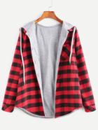 Romwe Red Check Plaid Pocket Hooded Blouse With Contrast Lining