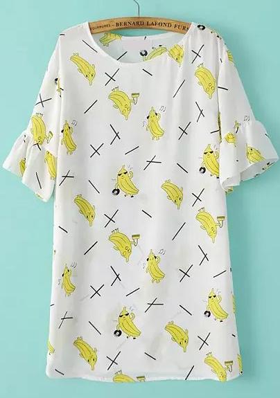 Romwe Banana Print Chiffon Long White T-shirt