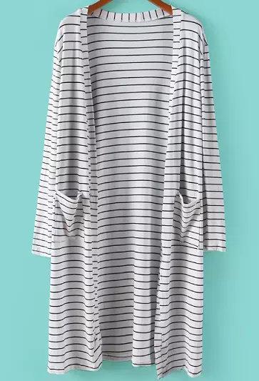 Romwe White Long Sleeve Striped Pockets Cardigan
