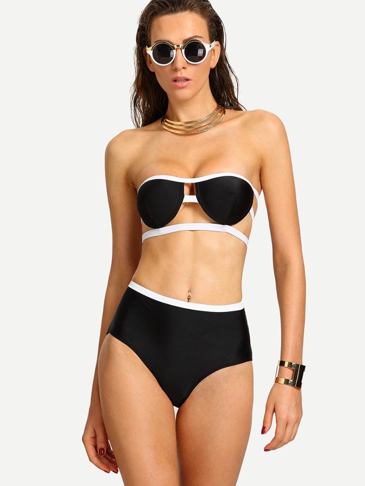 Romwe Contrast Trim Cutout Strappy Bandeau Bikini Set - Black