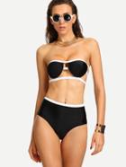 Romwe Contrast Trim Cutout Strappy Bandeau Bikini Set - Black