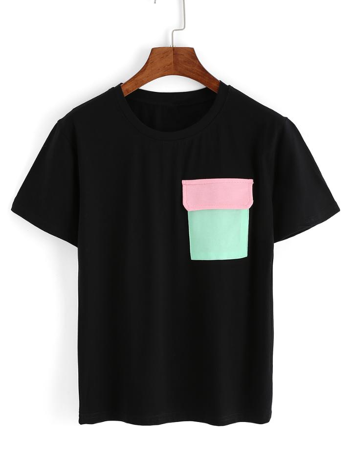 Romwe Contrast Pockets Black T-shirt