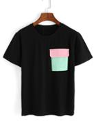 Romwe Contrast Pockets Black T-shirt