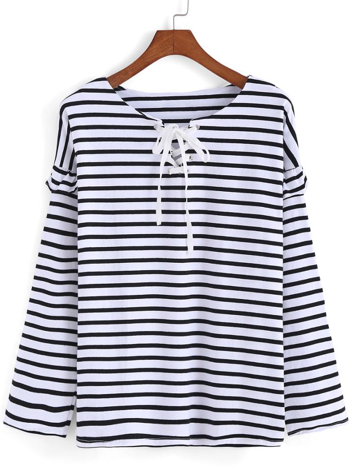 Romwe Striped Lace Up Black T-shirt