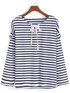 Romwe Striped Lace Up Black T-shirt