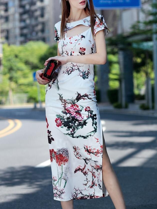 Romwe White Round Neck Short Sleeve Print Dress