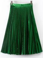 Romwe Green Pleated A Line Midi Skirt