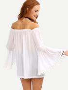 Romwe Off-the-shoulder Tassel Trimmed Bell Sleeve Top - White