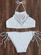 Romwe Halterneck Tie Side Crochet Bikini Set
