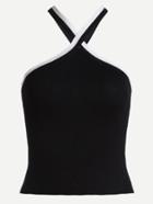 Romwe Black Ribbed Knit Striped Halter Neck Top
