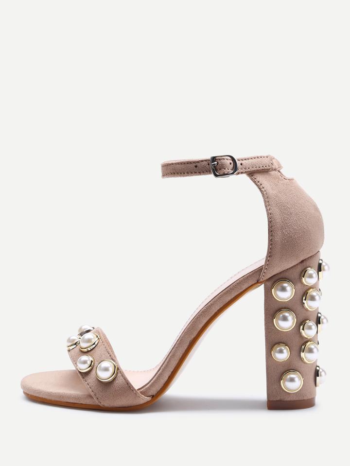 Romwe Faux Pearl Decorated Two Part Block Heel Sandals