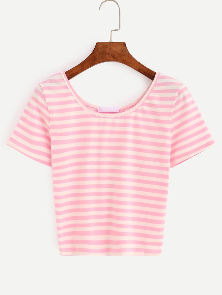 Romwe Pink Striped Crop T-shirt