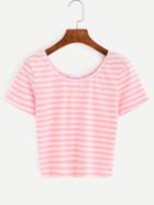 Romwe Pink Striped Crop T-shirt