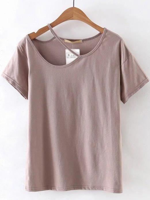 Romwe Pink Cutout Plain T-shirt