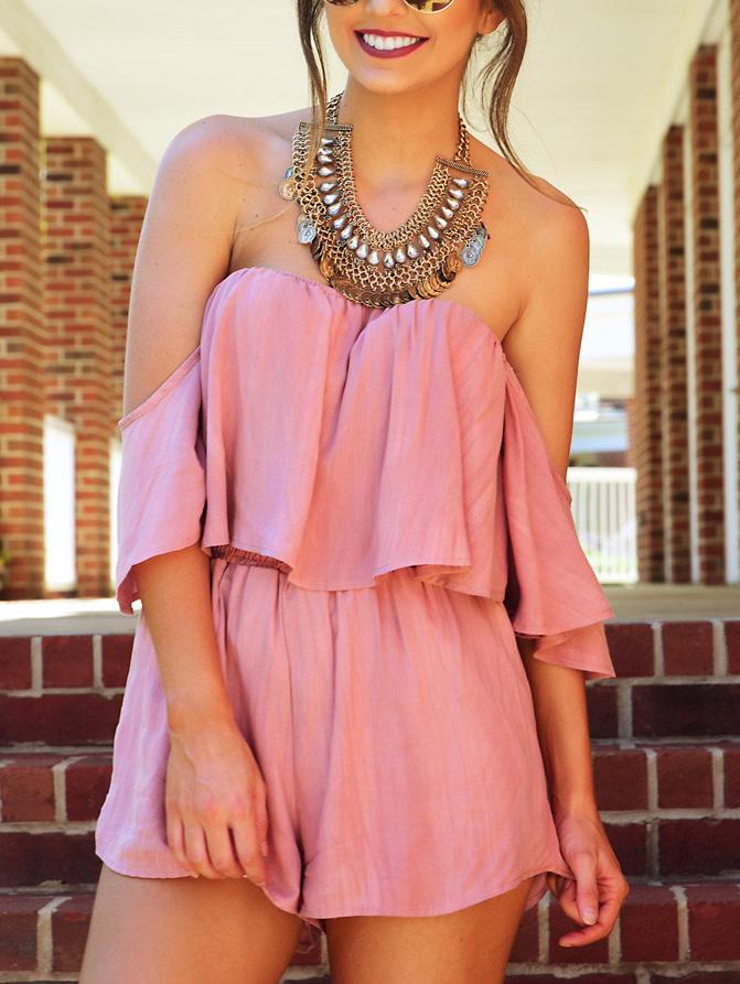 Romwe Pink Ruffled Off-the-shoulder Romper