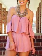 Romwe Pink Ruffled Off-the-shoulder Romper