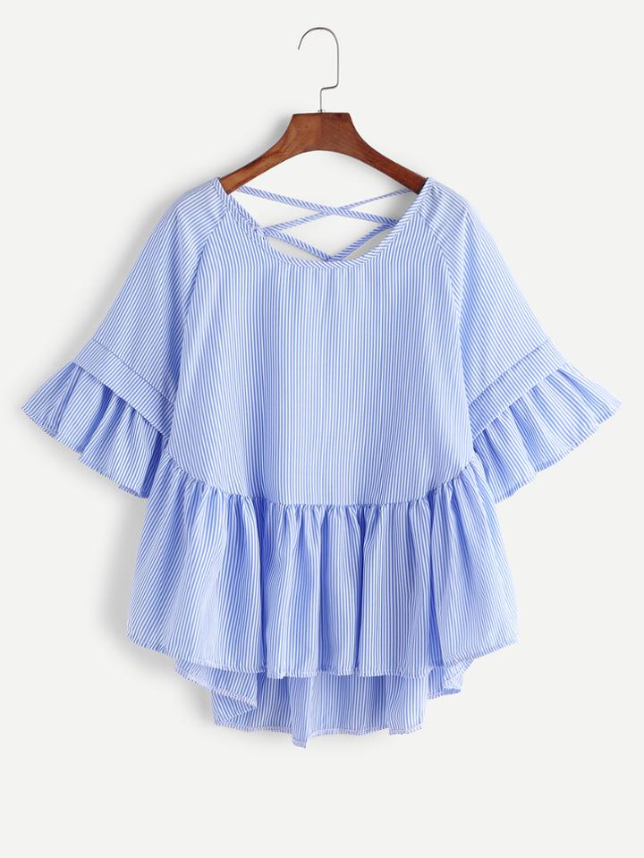 Romwe Striped Criss Cross Frill Hem High Low Blouse