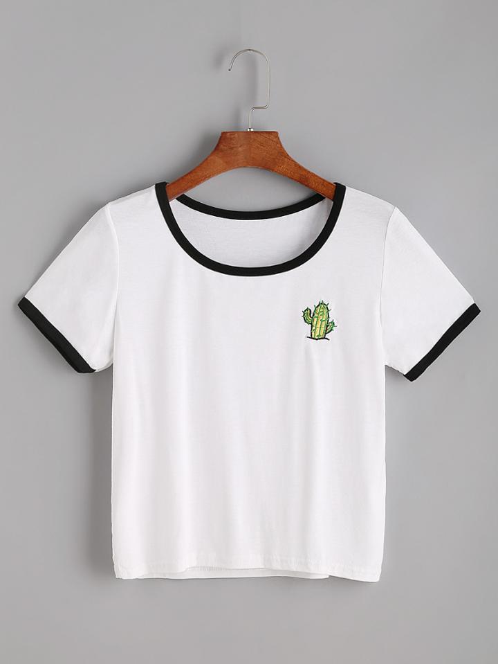 Romwe White Cactaceae Embroidered Ringer T-shirt