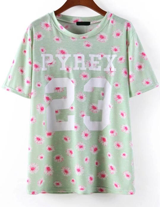 Romwe Daisy 23 Print Green T-shirt