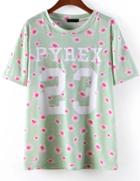 Romwe Daisy 23 Print Green T-shirt