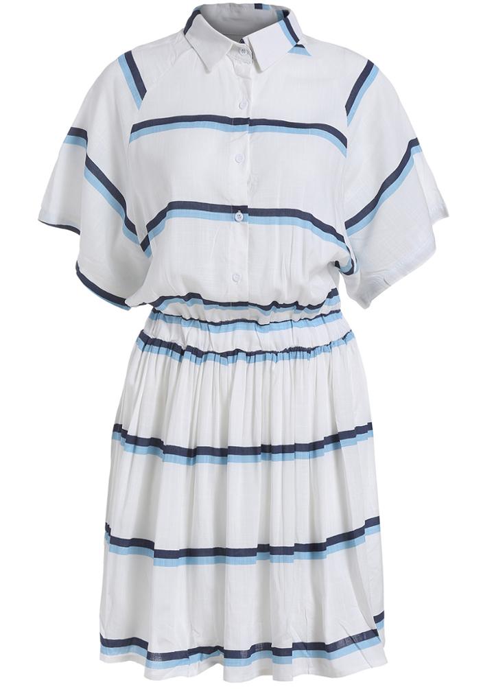 Romwe Lapel Striped Pleated Shirt Dress