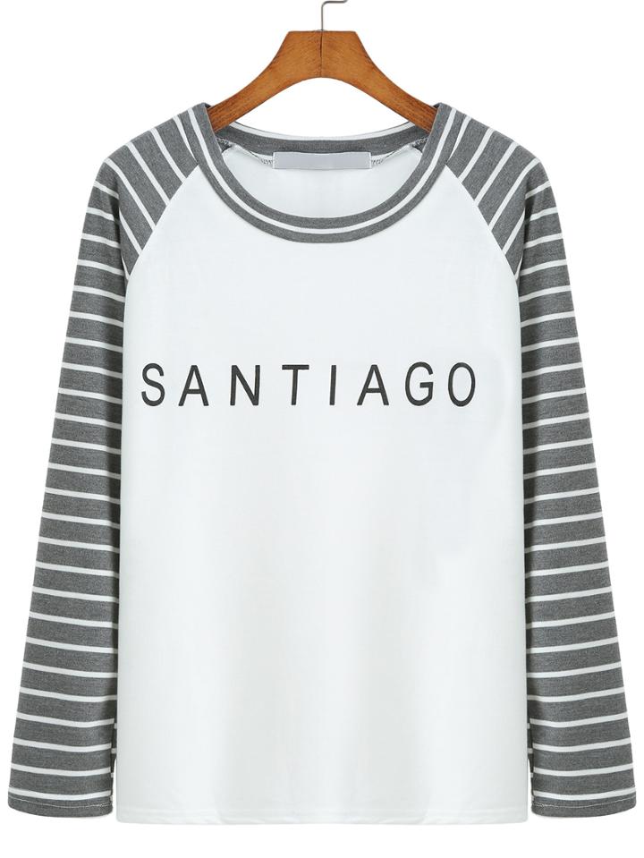 Romwe Long Sleeve Striped Letter Print T-shirt