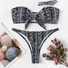 Romwe Snakeskin Print Bandeau With Low Rise Bikini