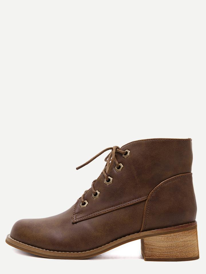 Romwe Brown Faux Leather Lace Up Cork Heel Short Boots