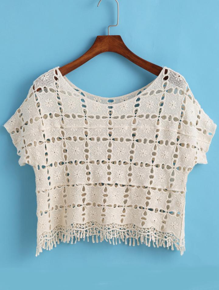 Romwe With Tassel Crochet Hollow Apricot Top