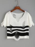 Romwe White Striped Ripped Knit T-shirt