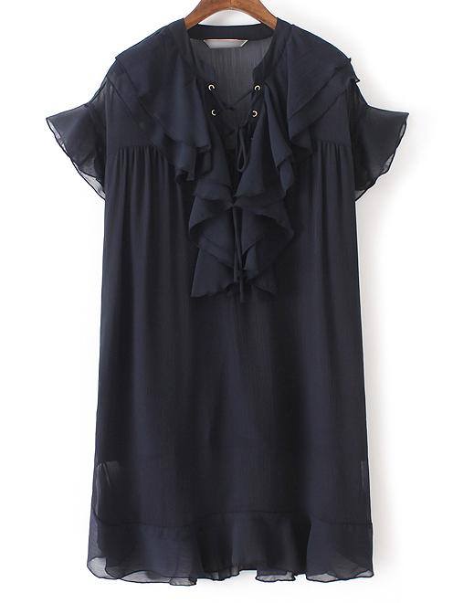Romwe Navy Ruffle Lace Up Chiffon Dress