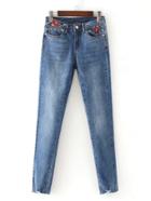Romwe Embroidery Detail Frayed Edge Skinny Jeans