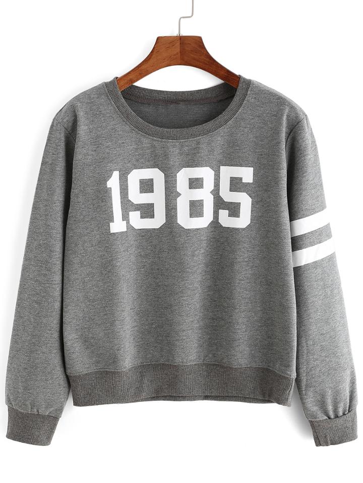 Romwe Striped Trim Number Print Grey Sweatshirt