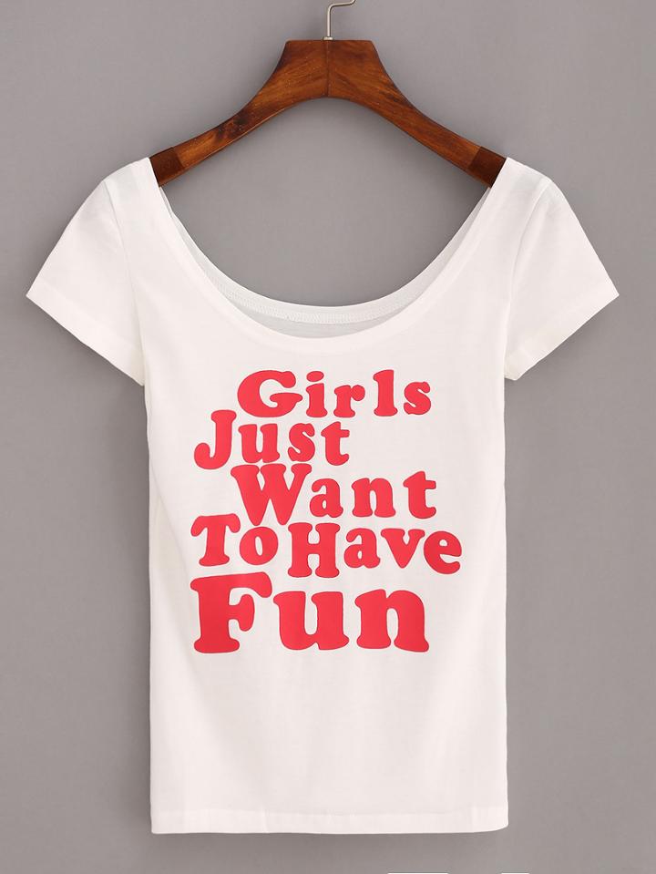 Romwe Scoop Neck Letter Print T-shirt - White