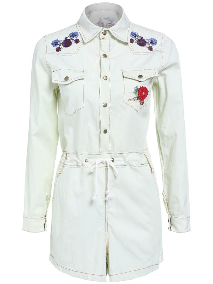 Romwe Lapel Embroidered Drawstring Denim Romper