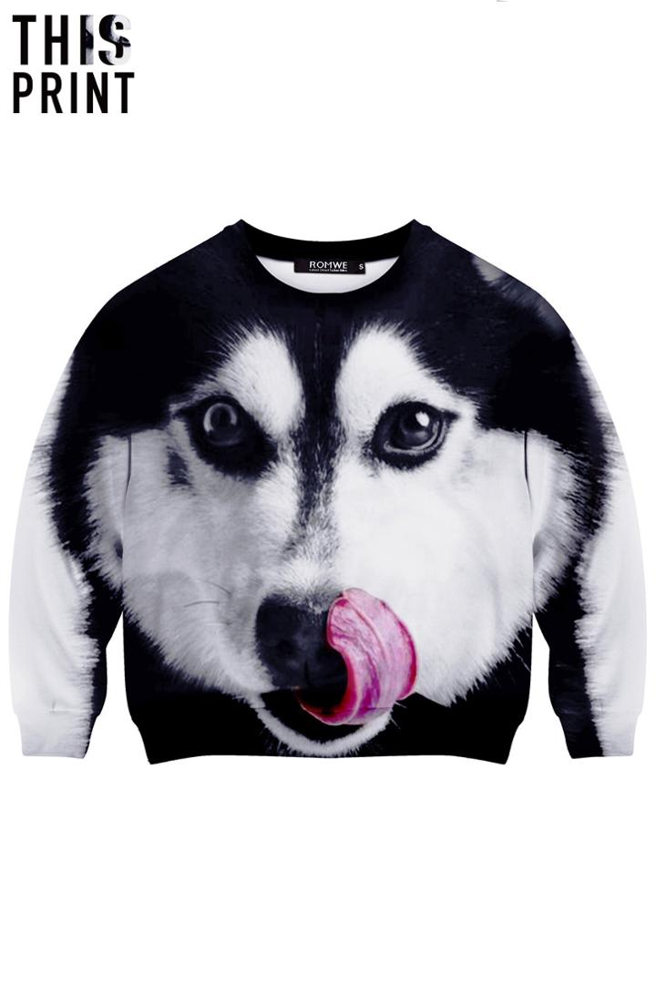 Romwe This Is Print Husky Head Print Long-sleeved Sweatshirt