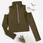Romwe Cold-shoulder Quarter Zip Tee