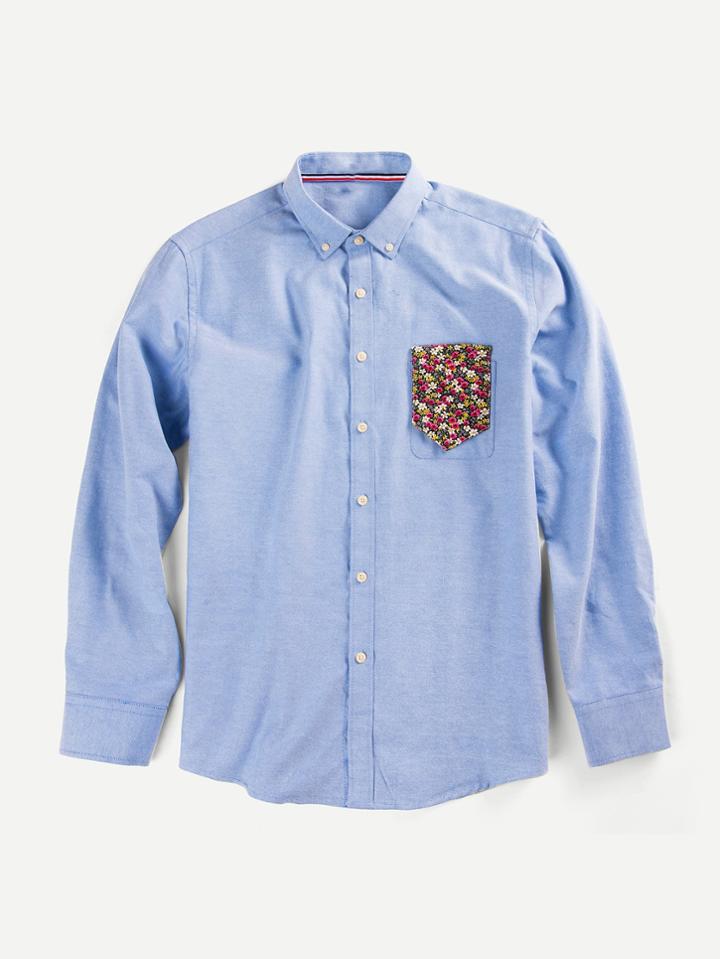 Romwe Men Calico Print Patch Detail Shirt