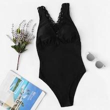 Romwe Crochet Back Ruched One Piece Swimwear