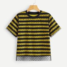Romwe Contrast Dobby Mesh Striped Tee