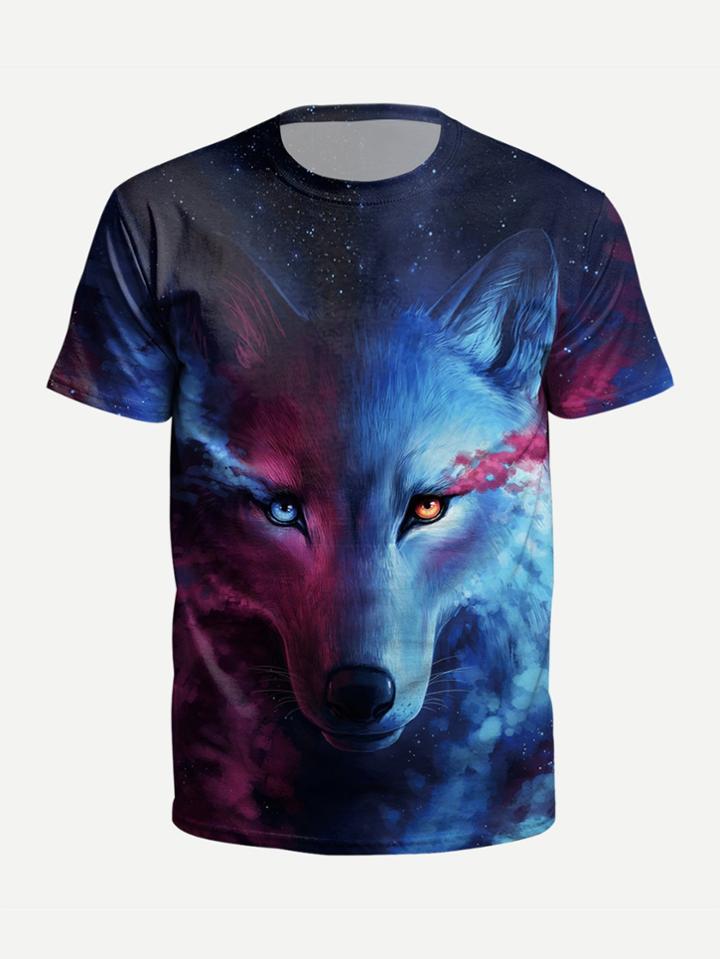 Romwe Men Wolf 3d Print Tee