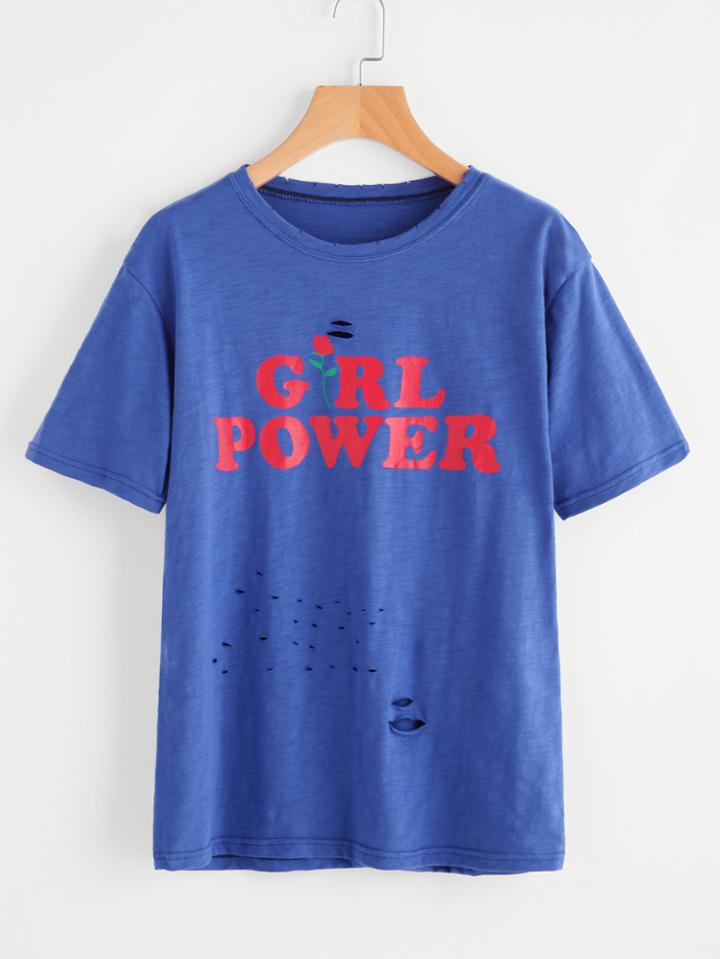 Romwe Rose Letter Print Ripped Slub Tee