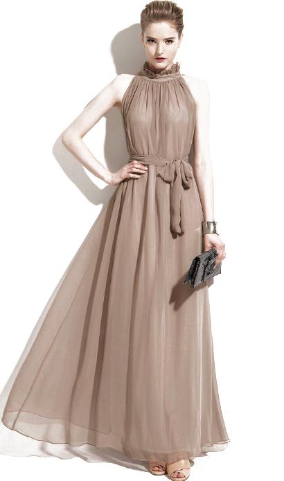 Romwe Stand Collar Off-shoulder Chiffon Khaki Dress
