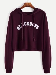 Romwe Letter Print Drop Shoulder Raw Hem Crop Hoodie
