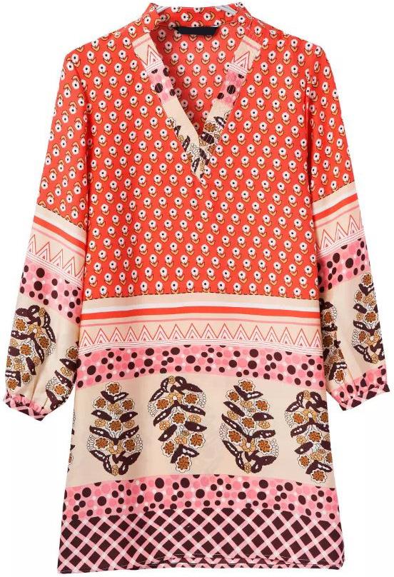 Romwe Floral Print V Neck Loose Red Dress