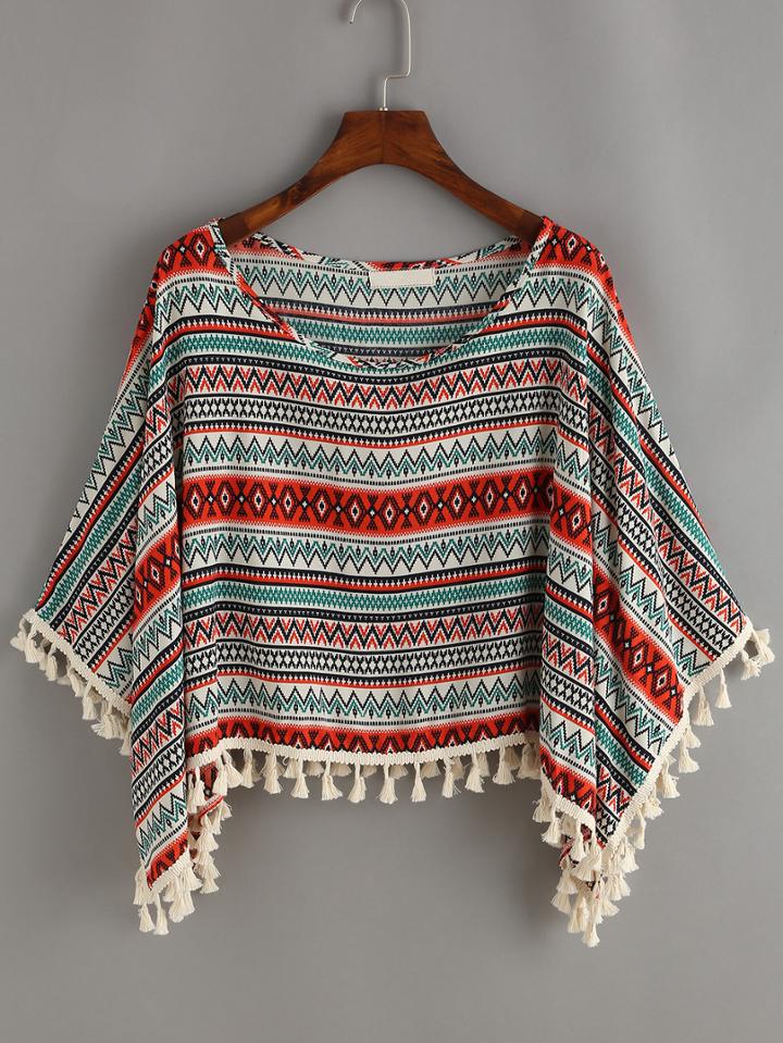 Romwe Tribal Print Tassel Trimmed Poncho Blouse