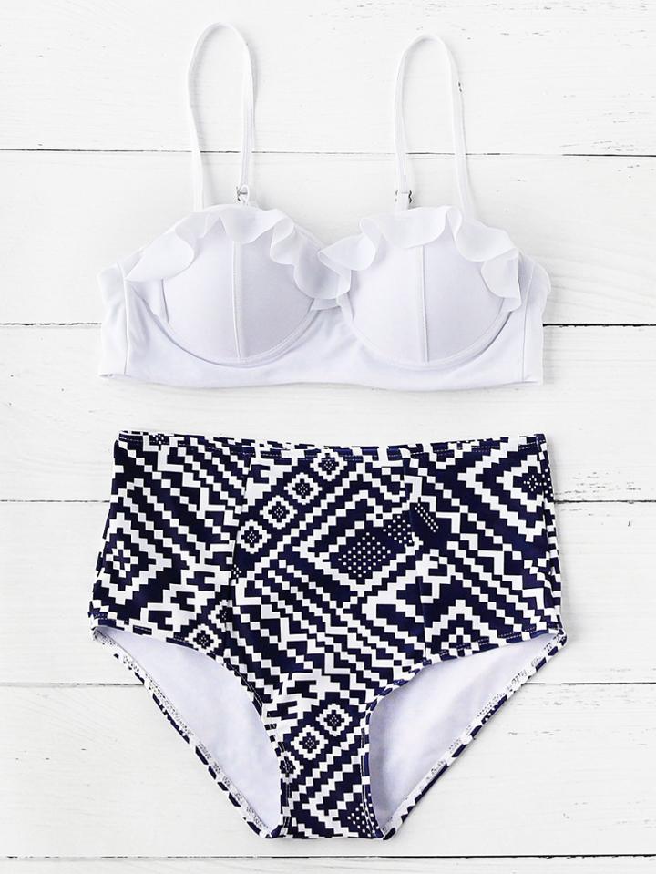 Romwe Ruffle Detail Geometric Pattern High Waist Bikini Set