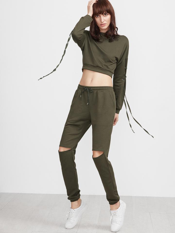 Romwe Army Green Lace Up Crop Top With Cutout Sweatpants