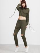 Romwe Army Green Lace Up Crop Top With Cutout Sweatpants