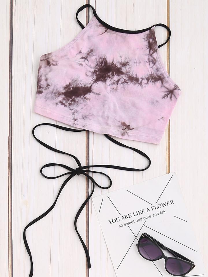 Romwe Tie Dye Print Lace-up Crop Cami Top